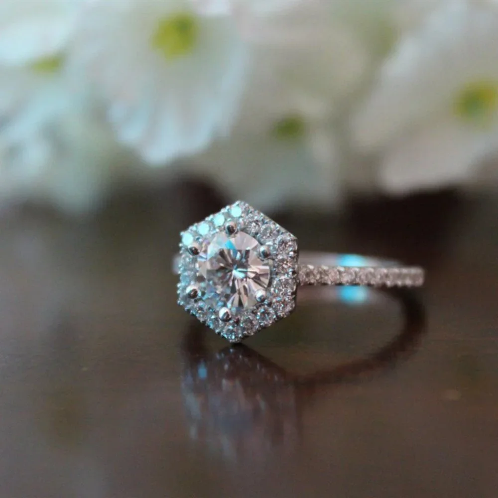 *NEW 925 Sterling Silver Diamond Hexagon Halo Ring